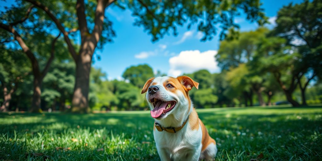 Cão com peitoral Truelove em parque verde